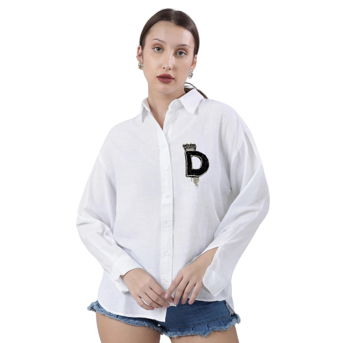 Customizable Long Sleeve Cotton Shirt with Alphabet Crown Design