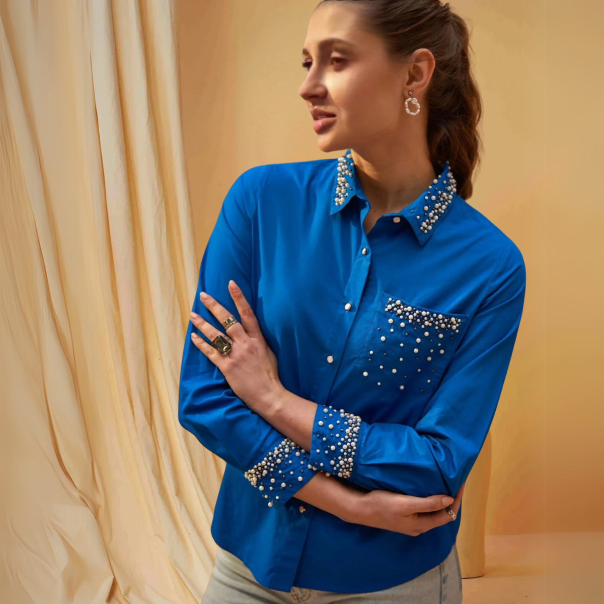 Women Embroidered Shirt-Blue Modern Fits