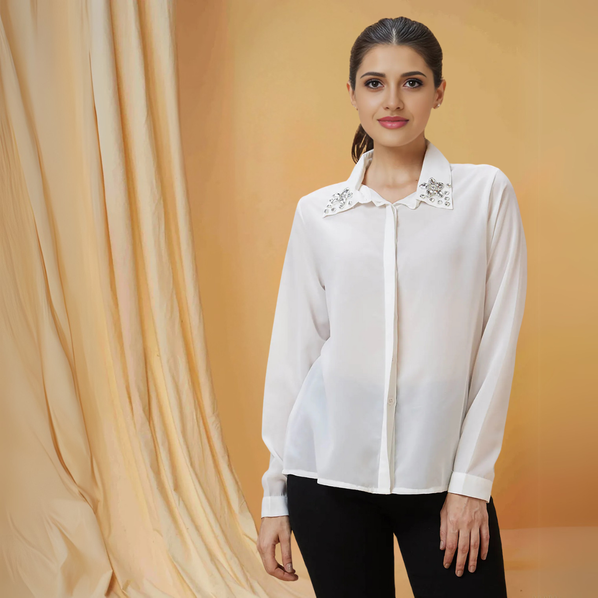 Women White Embellished Collar Cuffed Sleeves Shirt Style Party Shirt