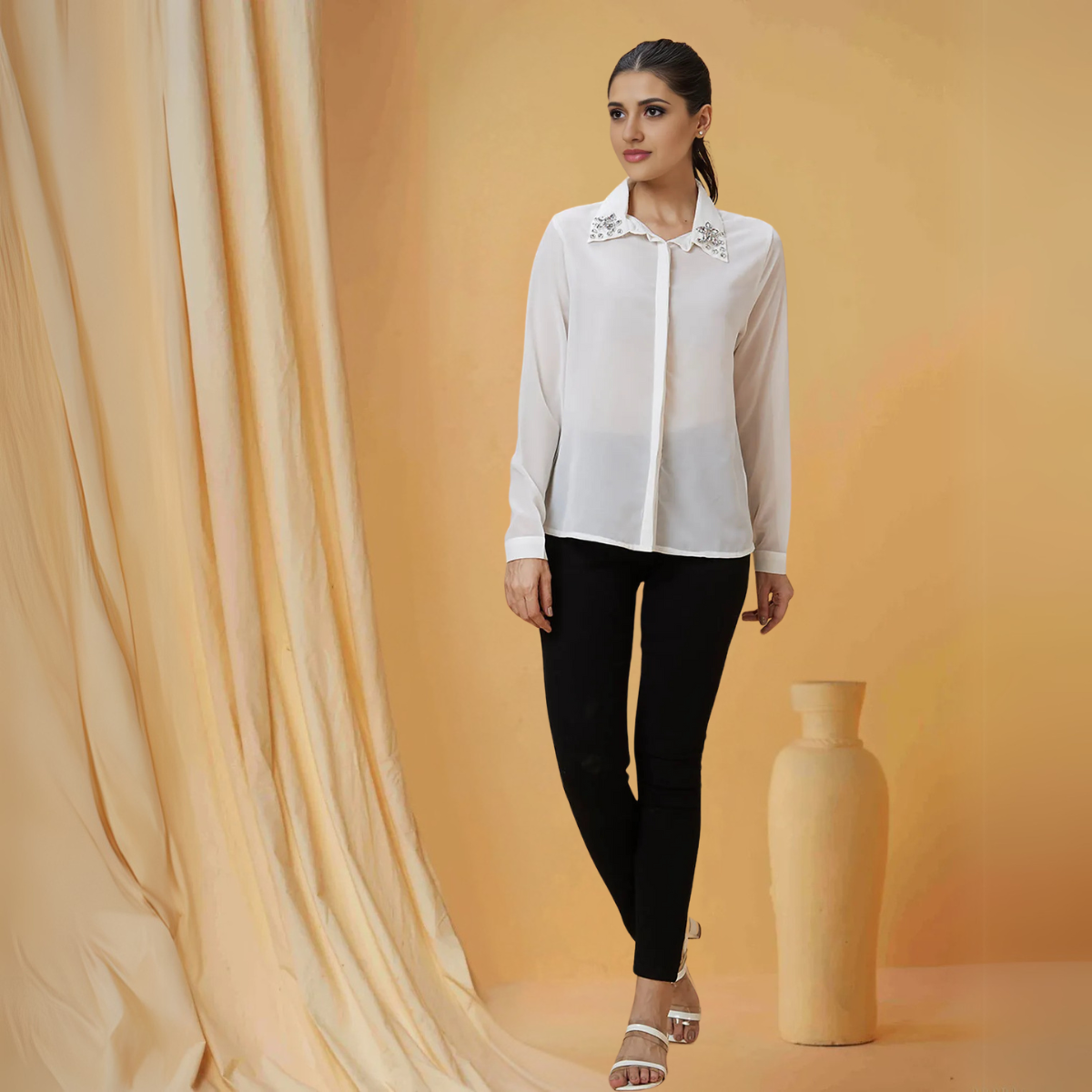 Women White Embellished Collar Cuffed Sleeves Shirt Style Party Shirt