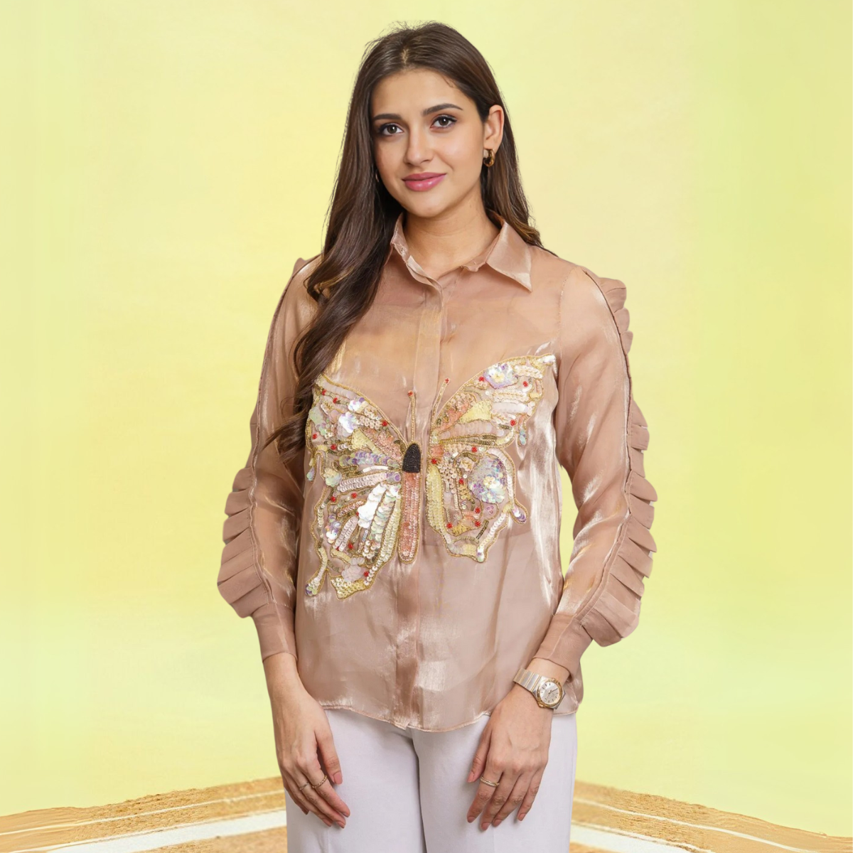Women's Gold Paper Organza Butterfly Embellished Shirt