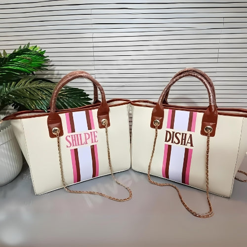 Nivel Off-white Customised Tote Bag with pink, brown and white stripes