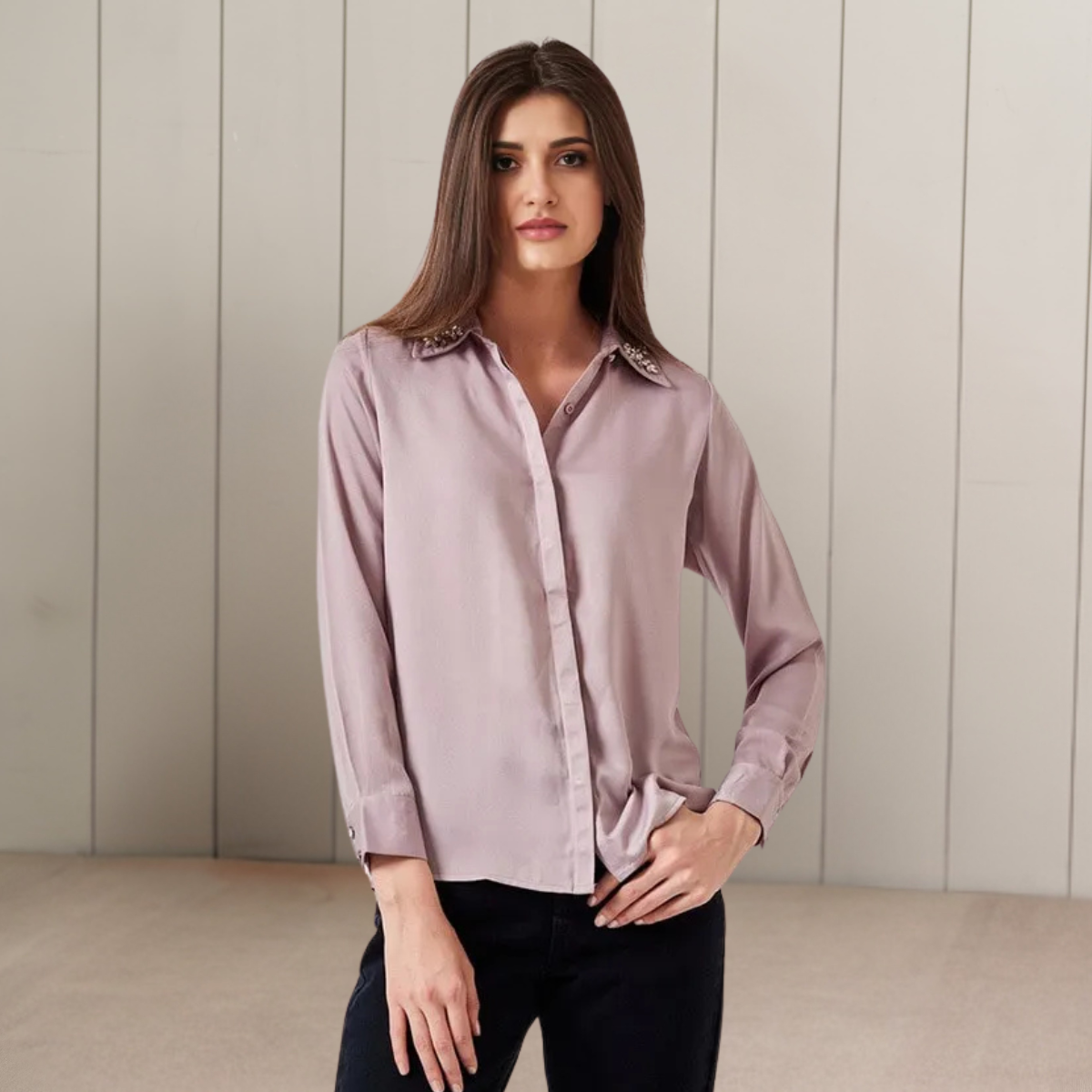 Relaxed Fit Lavender Shirt with Embellished Collar