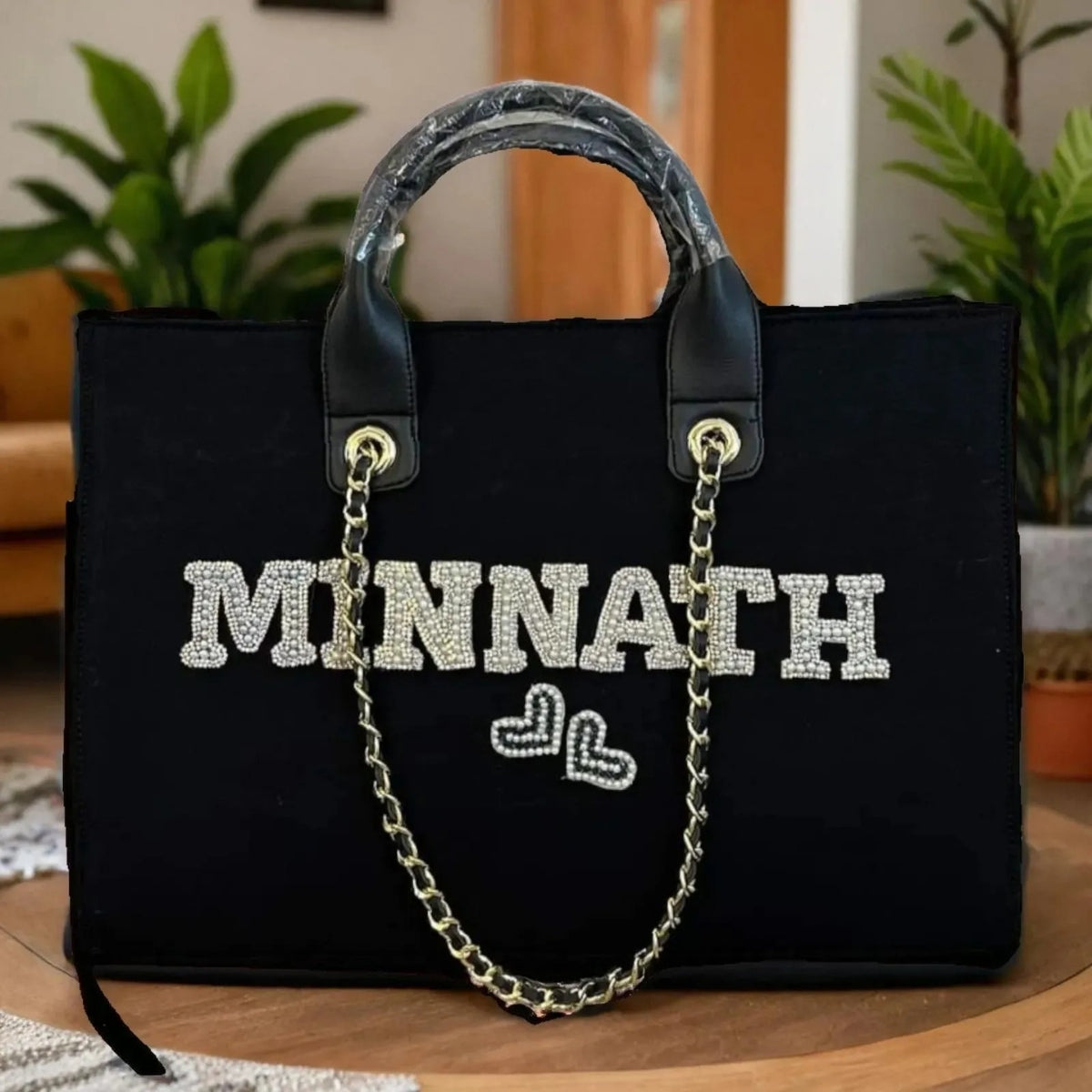 Nivel Premium Pearlet Canvas Customised Tote Bag For Women (Black)