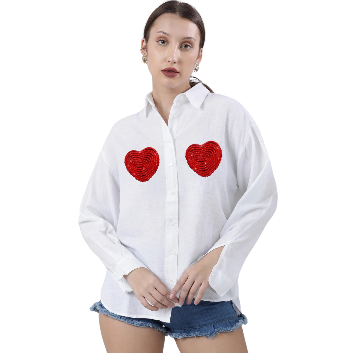 Customizable Long Sleeve Cotton Shirt with Red Crystal Heart Design by Nivel Fashion