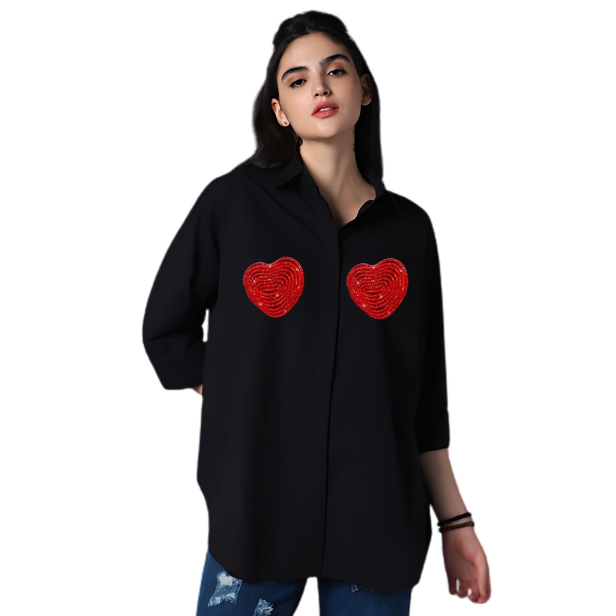Customizable Long Sleeve Cotton Shirt with Red Crystal Heart Design by Nivel Fashion