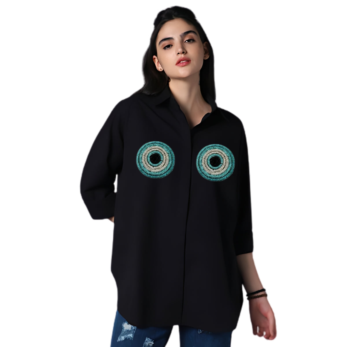 Customizable Long Sleeve Cotton Shirt with Evil Eye Embroidery by Nivel Fashion