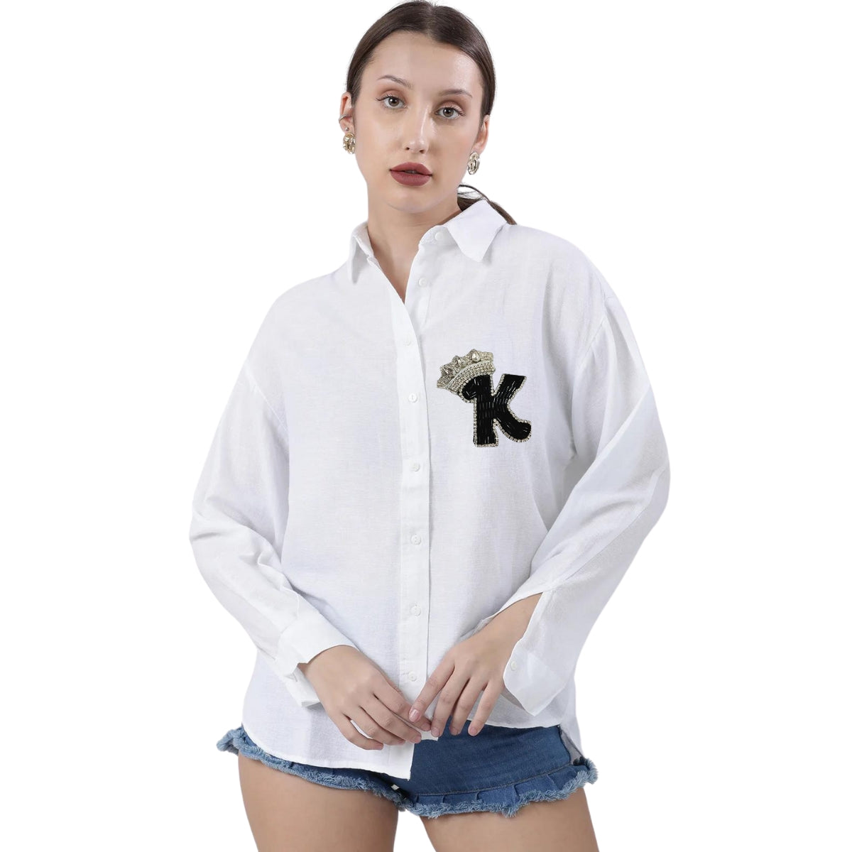 Customizable Long Sleeve Cotton Shirt with Alphabet Crown Design