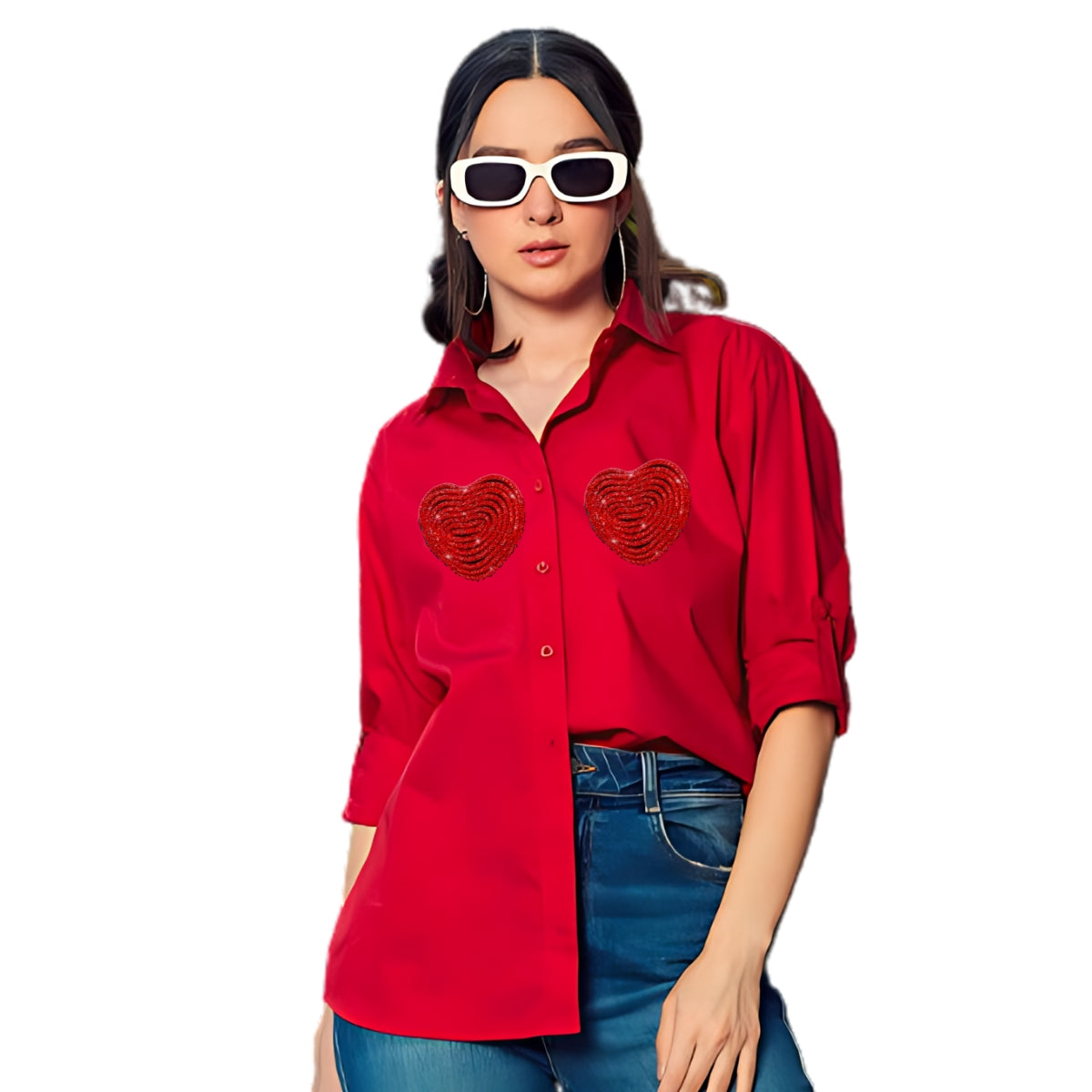 Customizable Long Sleeve Cotton Shirt with Red Crystal Heart Design by Nivel Fashion