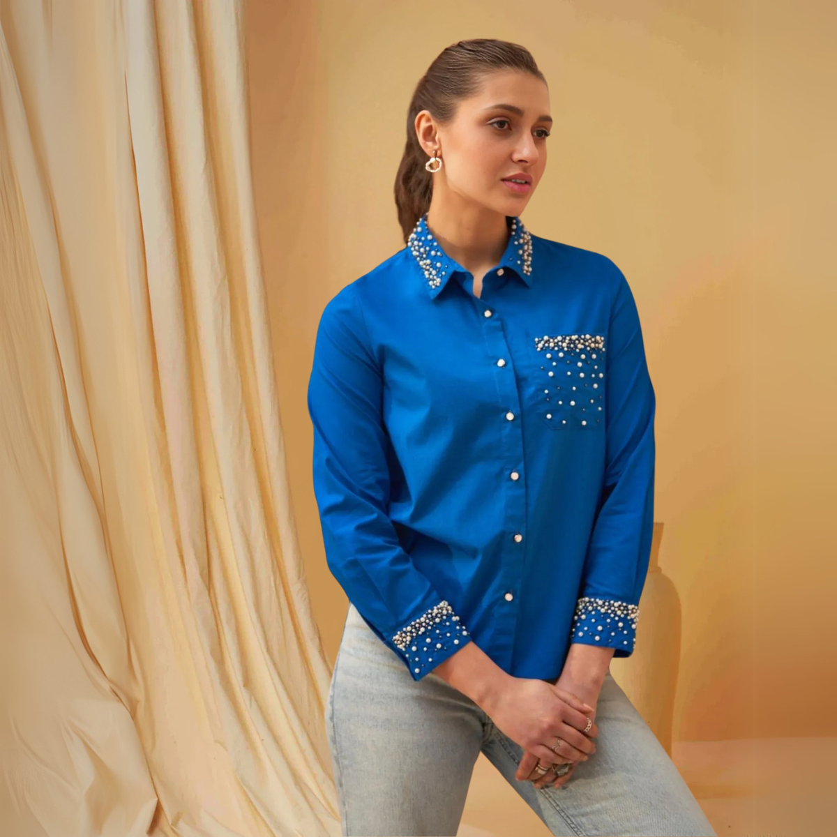 Women Embroidered Shirt-Blue Modern Fits