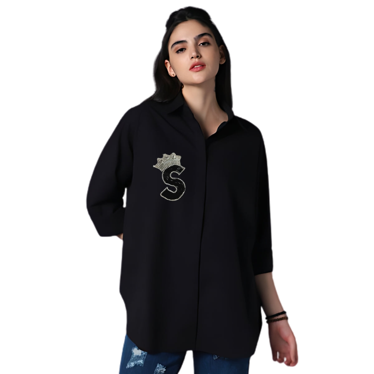 Customizable Long Sleeve Cotton Shirt with Alphabet Crown Design