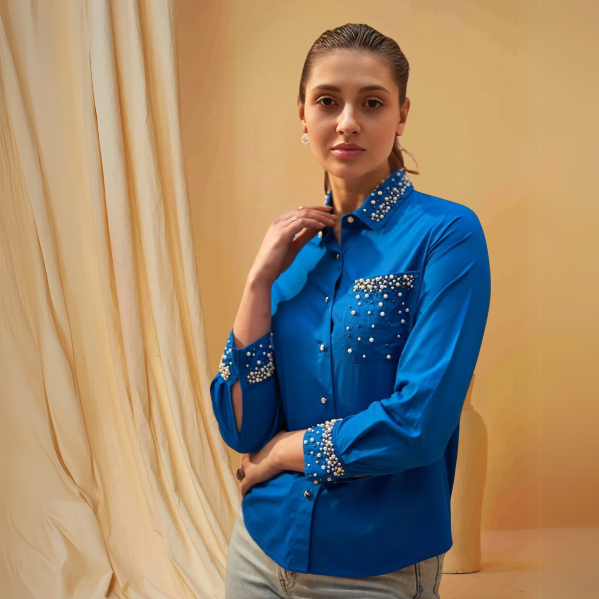 Women Embroidered Shirt-Blue Modern Fits