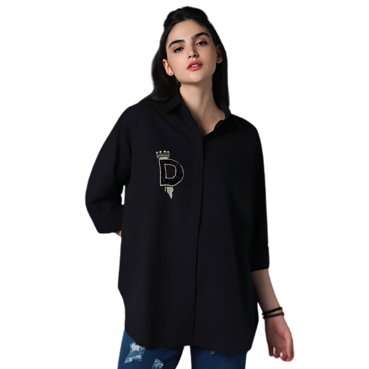 Customizable Long Sleeve Cotton Shirt with Alphabet Crown Design