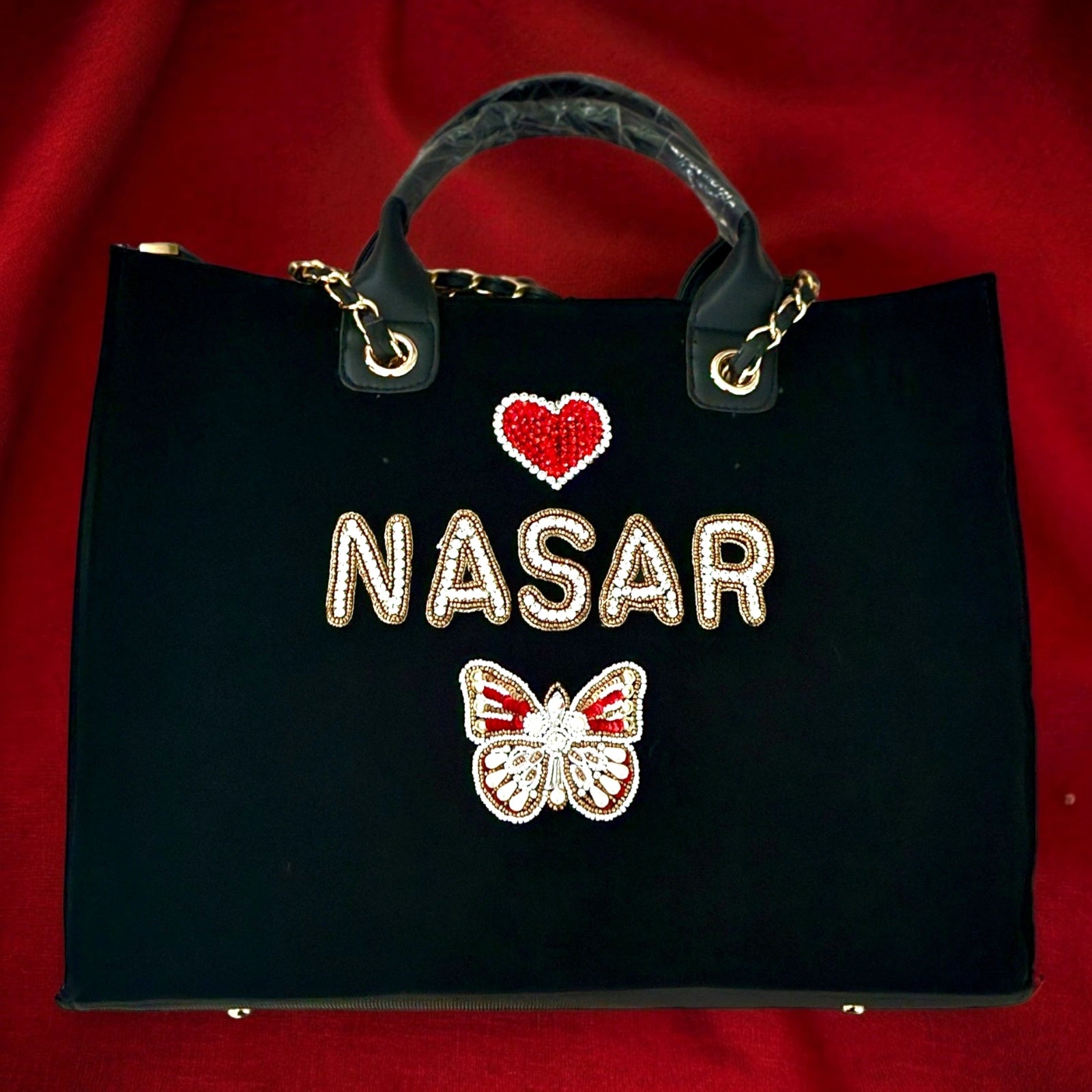 Nivel Customized Name Black TOTE Bag with Butterfly Emoji