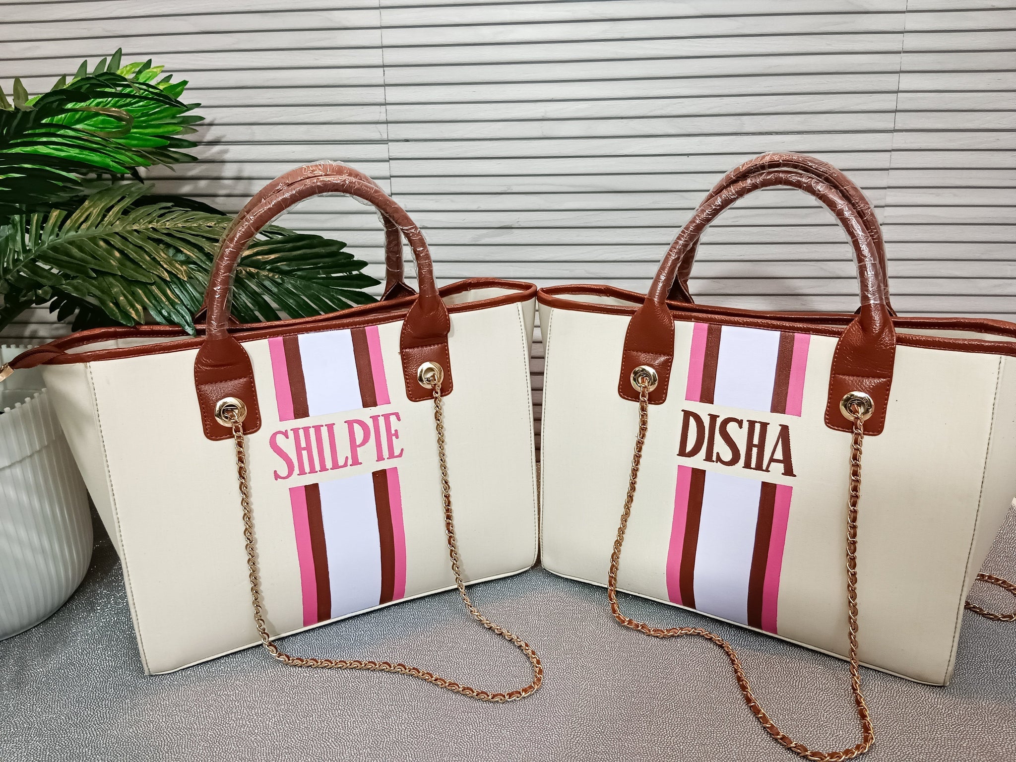 Nivel Off-white Customised Tote Bag with pink, brown and white stripes