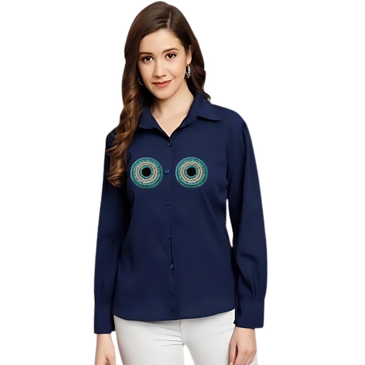 Customizable Long Sleeve Cotton Shirt with Evil Eye Embroidery by Nivel Fashion