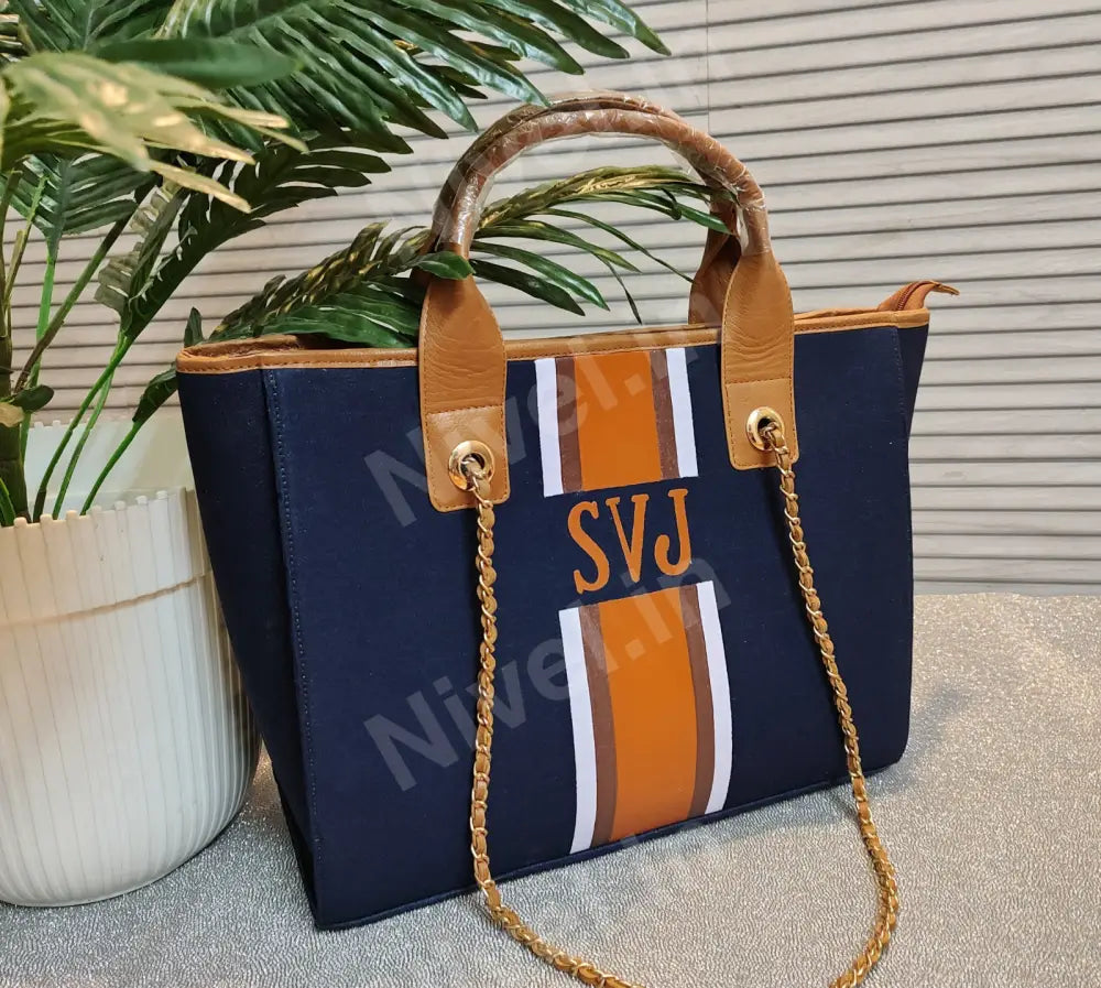 Nivel Navy Blue Premium Customised Tote Bag With White Brown And Stripes