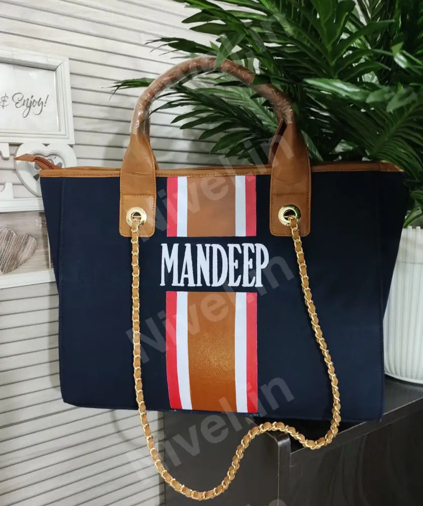 Nivel Navy Blue Premium Customised Tote With Red White And Brown Stripes For Women