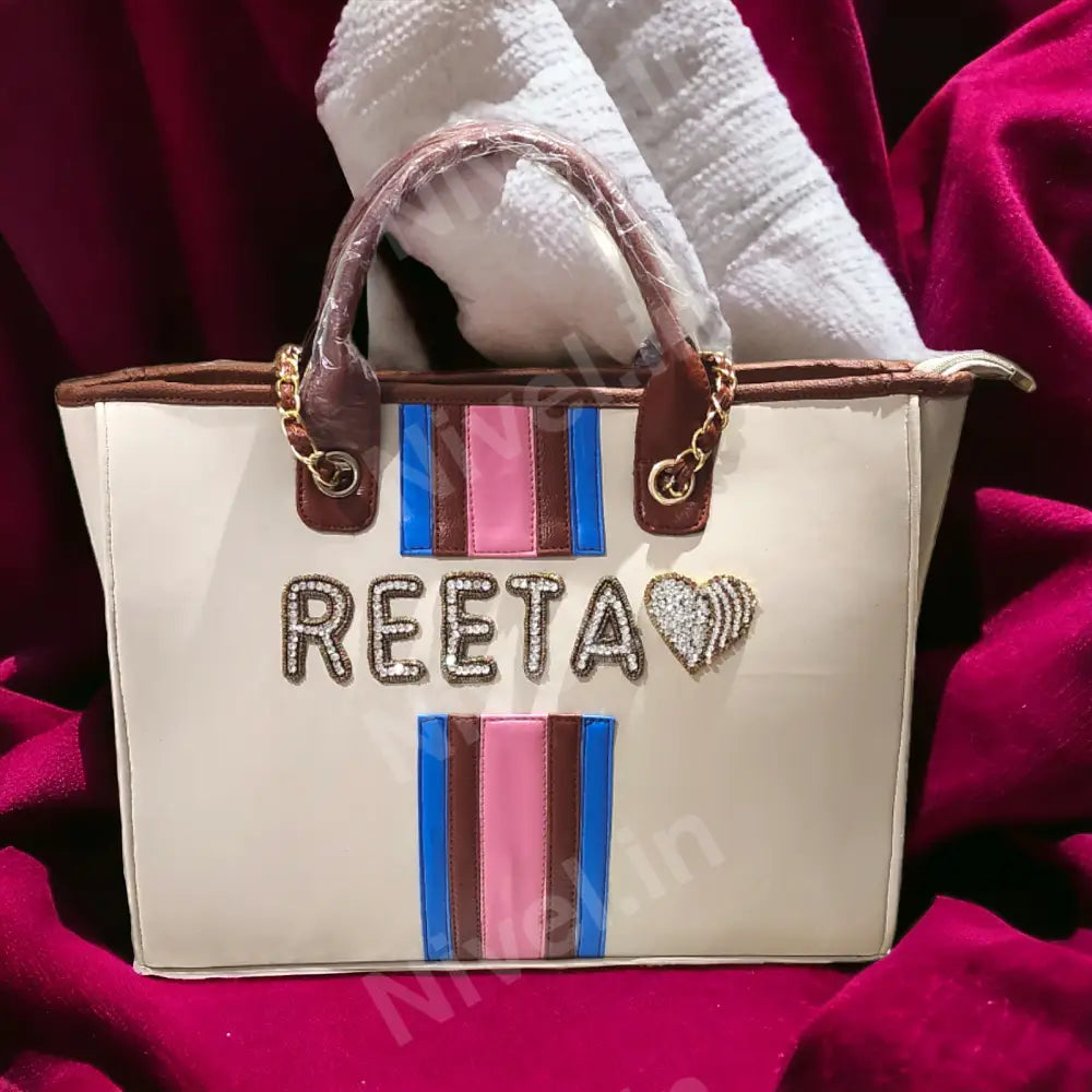 Nivel Off - White Customised Tote Bag With Brown Blue And Pink Stripes Off - White