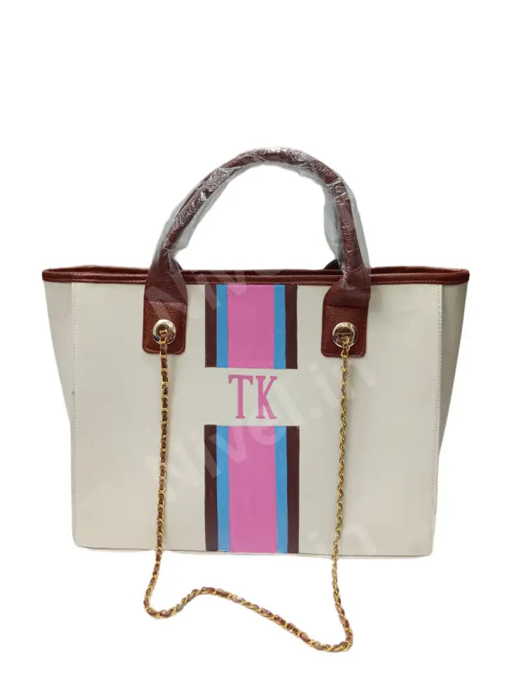Nivel Off - White Customised Tote Bag With Brown Blue And Pink Stripes Off - White