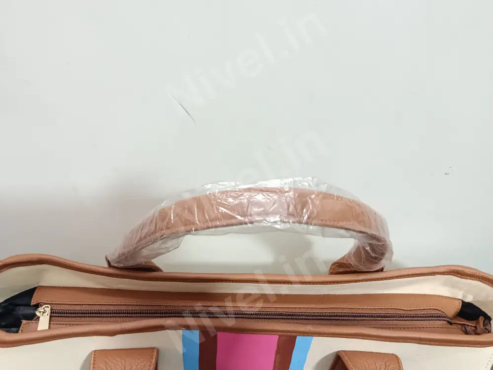 Nivel Off - White Customised Tote Bag With Brown Blue And Pink Stripes Off - White