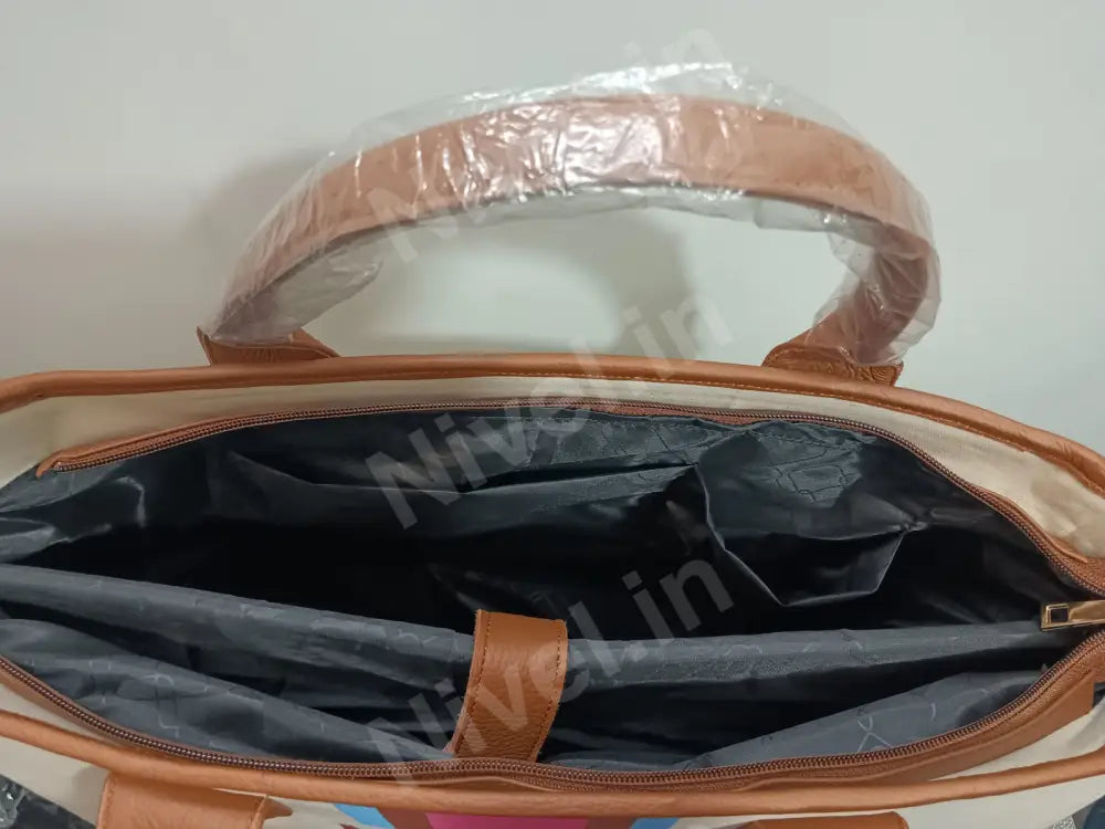 Nivel Off - White Customised Tote Bag With Brown Blue And Pink Stripes Off - White