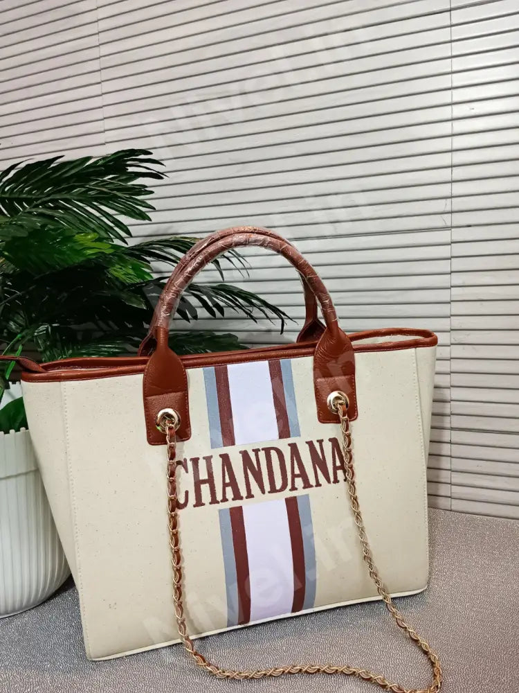 Nivel Off - White Customised Tote Bag With Grey Brown And White Stripes Off - White