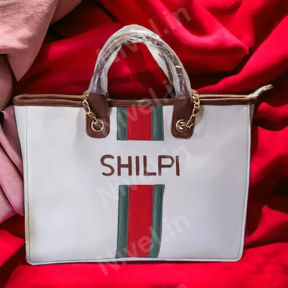Nivel Off - White Customised Tote Bag With Red And Green Stripes (Customised)