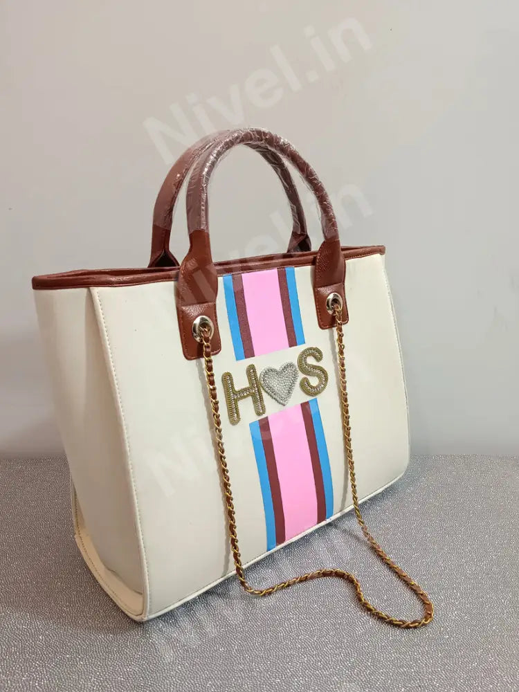 Nivel Off - White Customised Tote Bag With Red And Green Stripes (Customised)