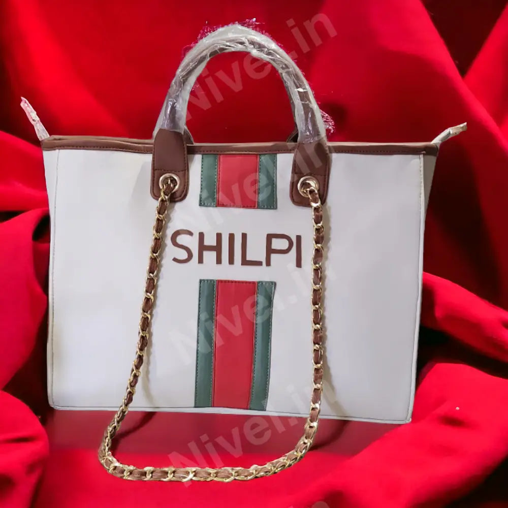 Nivel Off - White Customised Tote Bag With Red And Green Stripes (Customised)