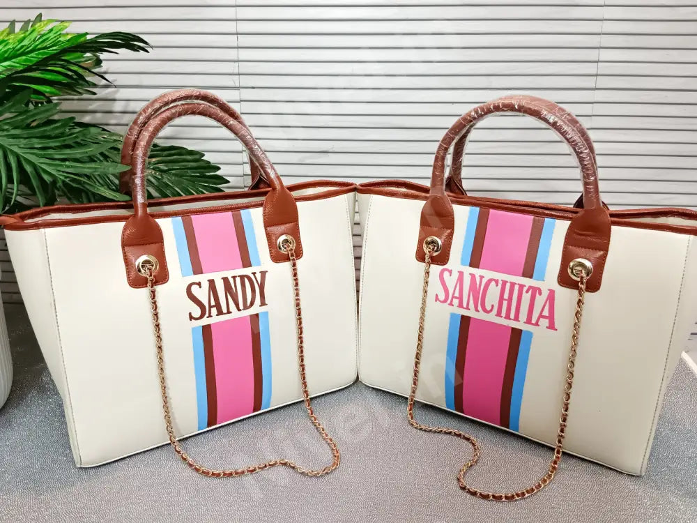 Nivel Off - White Customised Tote Bag With Sky Blue Brown And Pink Stripes Off - White