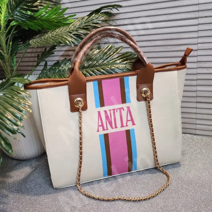 Nivel Off - White Customised Tote Bag With Sky Blue Brown And Pink Stripes Off - White