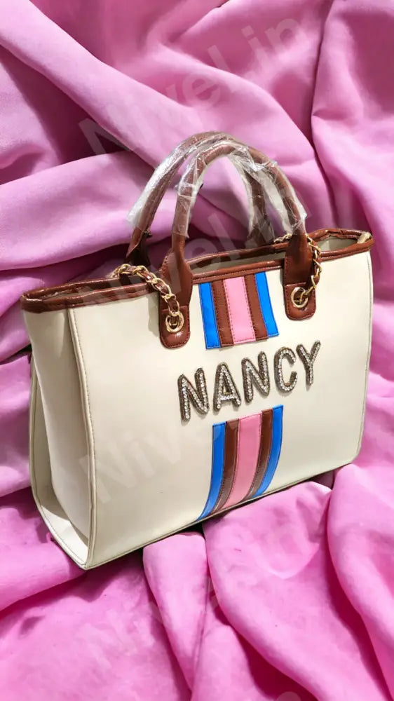 Nivel Off - White Customized Tote Bag With Pink And Blue Stripes (Customized)