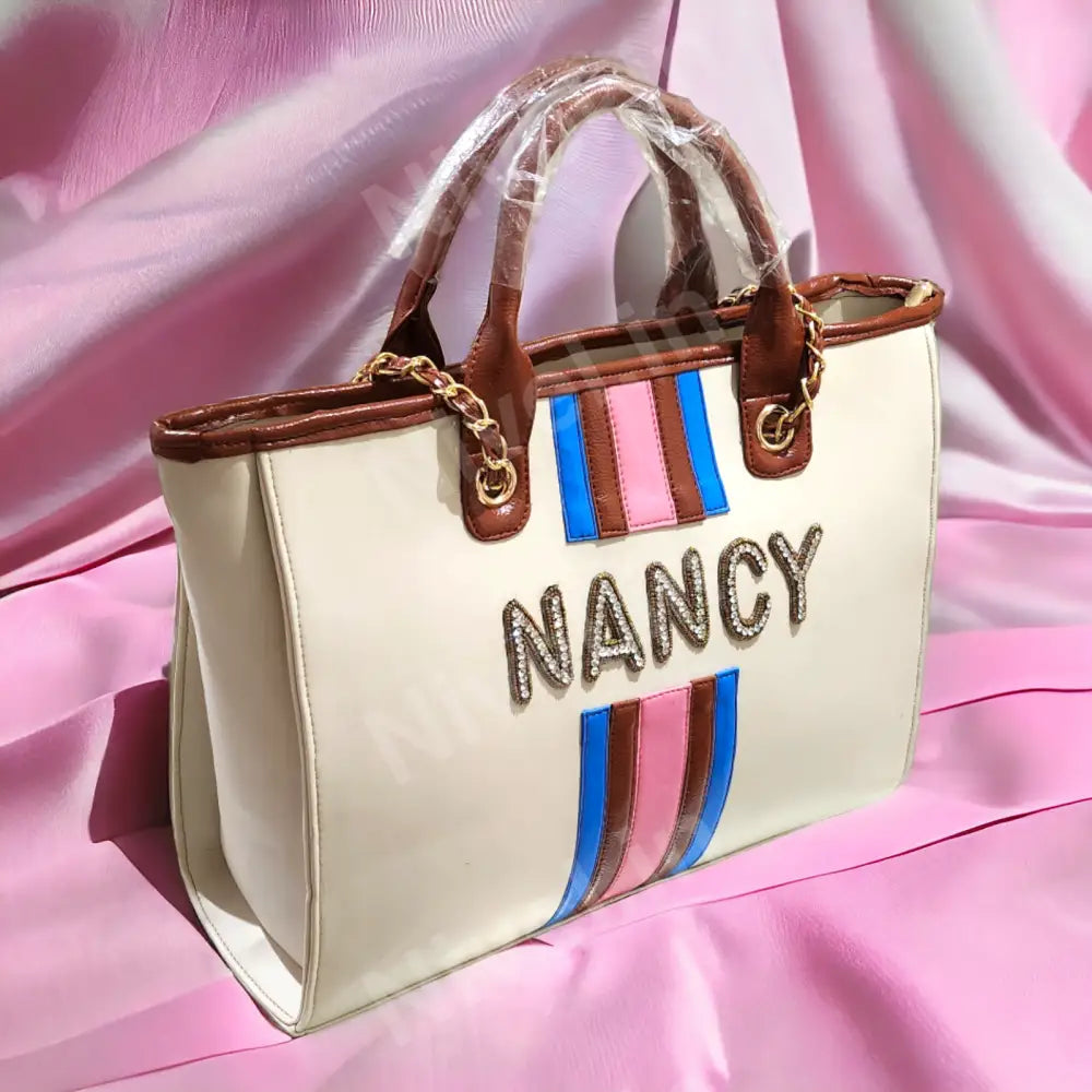 Nivel Off - White Customized Tote Bag With Pink And Blue Stripes (Customized)