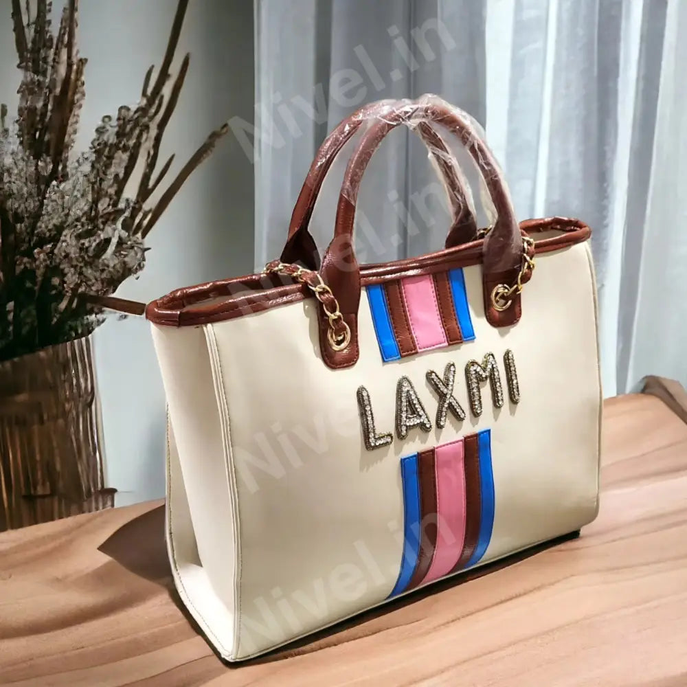 Nivel Off - White Customized Tote Bag With Pink And Blue Stripes (Customized)