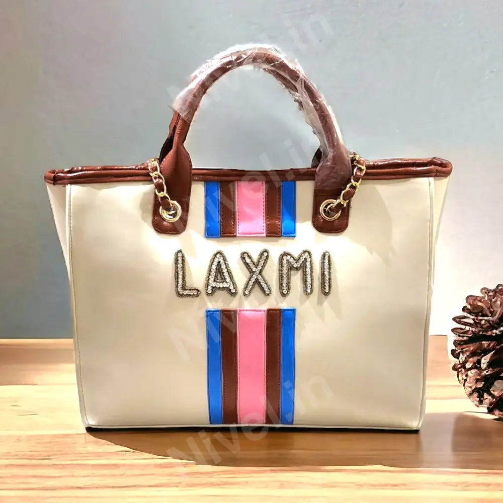 Nivel Off - White Customized Tote Bag With Pink And Blue Stripes (Customized)