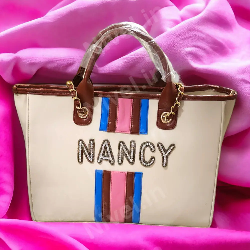 Nivel Off - White Customized Tote Bag With Pink And Blue Stripes (Customized)