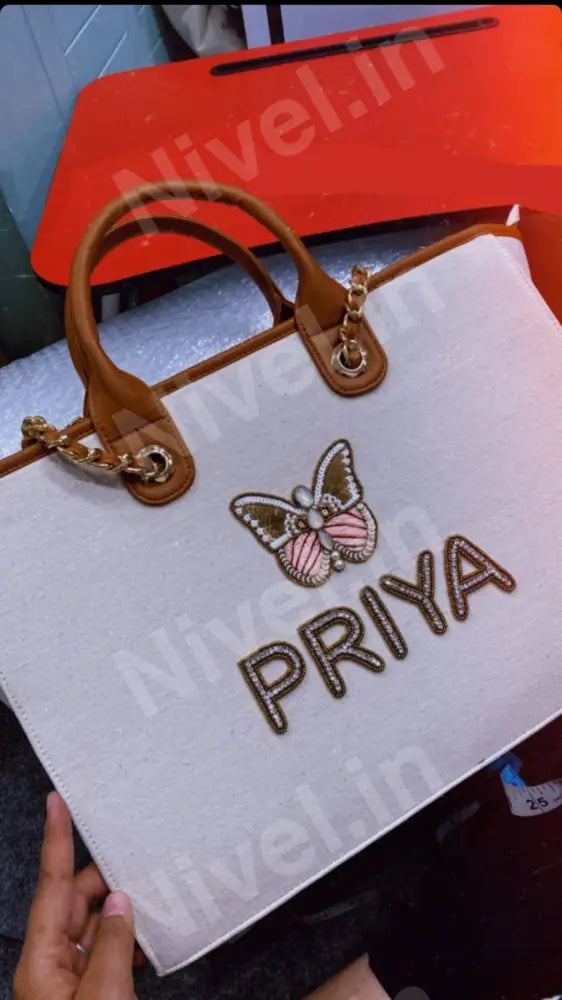 Nivel Off - White Premium Customised Tote Bag With Coffee Brown And Light Stripes Off - White