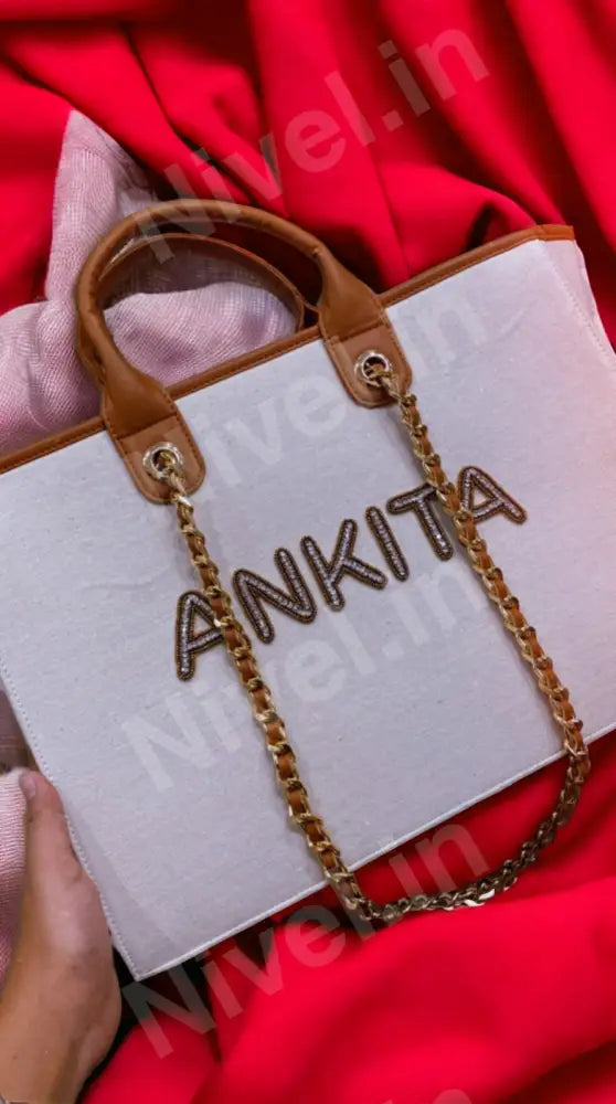 Nivel Off - White Premium Customised Tote Bag With Coffee Brown And Light Stripes Off - White