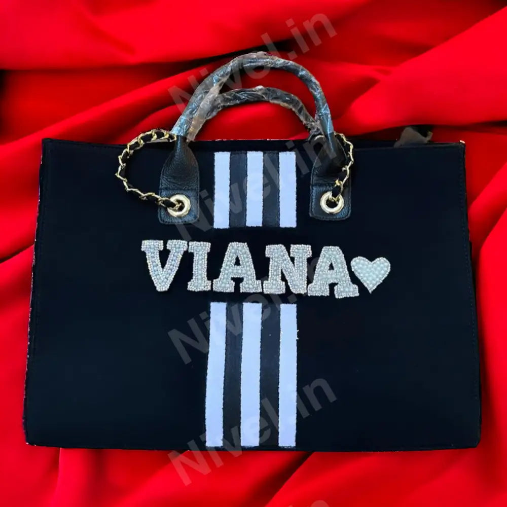 Nivel Premium Canvas Customised Stripe Tote Bag For Women (Black/Beige)