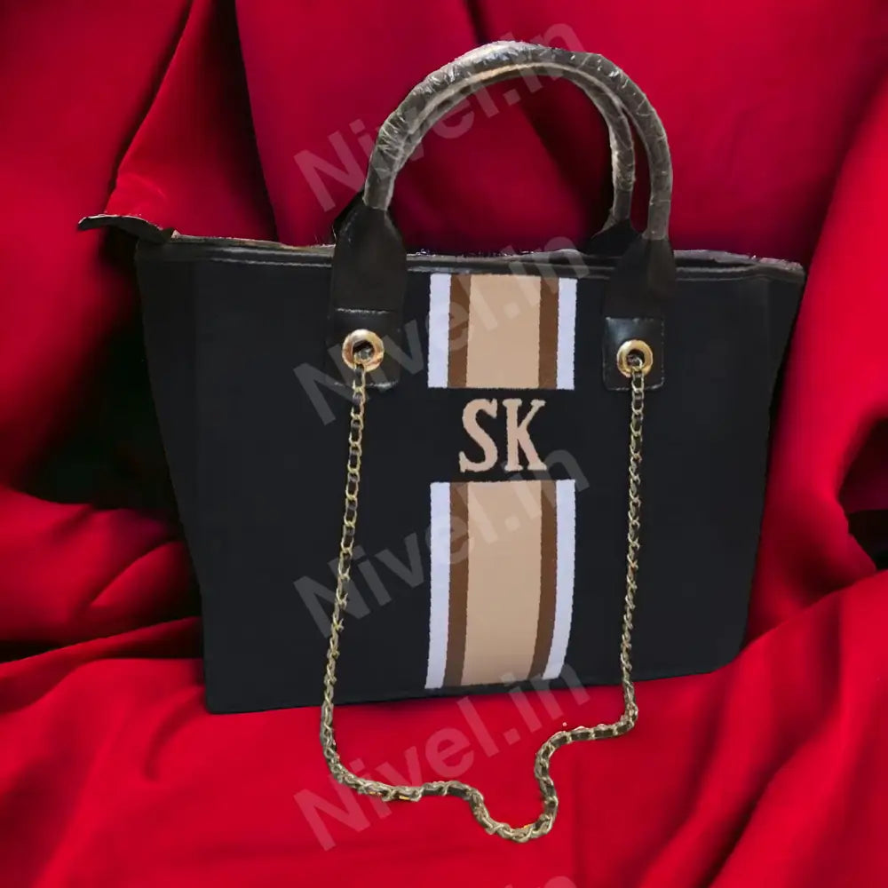Nivel Premium Canvas Customised Stripe Tote Bag For Women (Black/Beige)