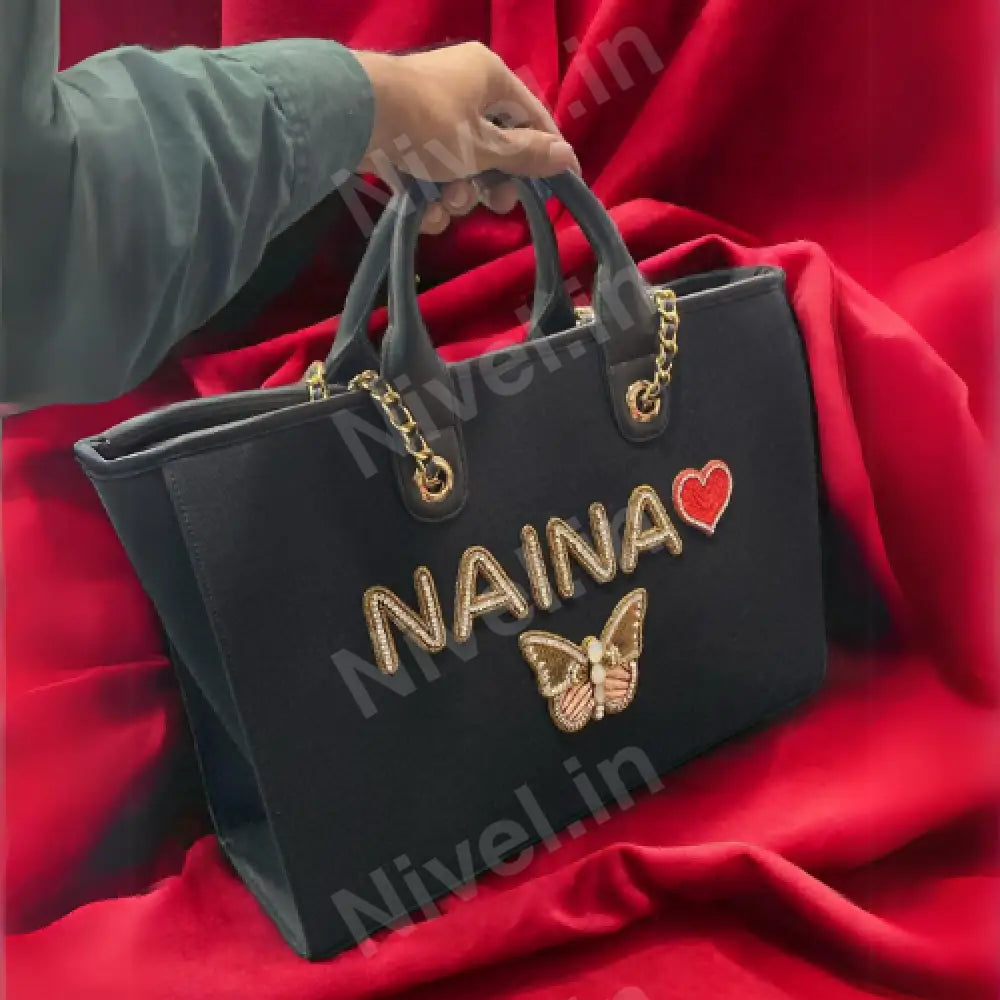 Nivel Premium Canvas Customised Tote Bag For Women (Black/Beige)