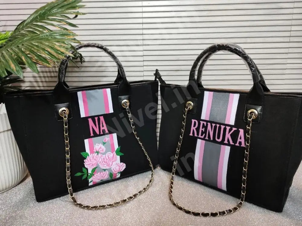 Nivel Premium Customised Black Bag With White Grey & Pink Stripes