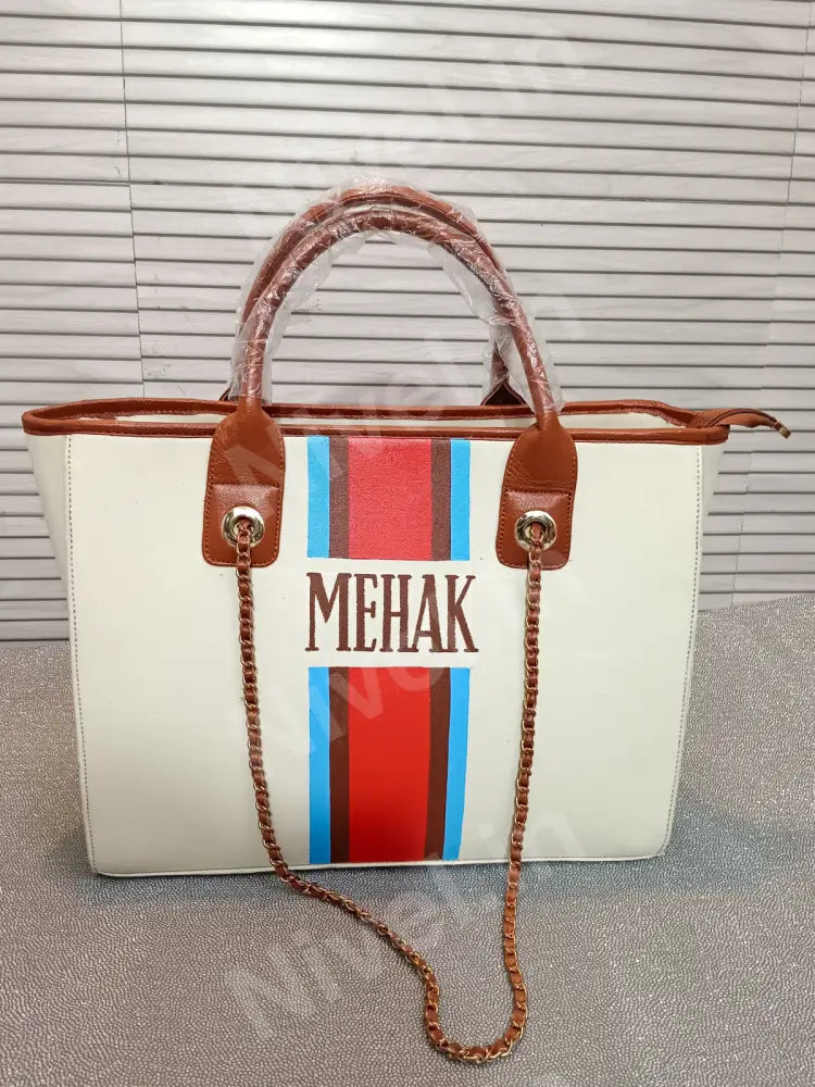 Nivel Premium Customised Off - White Bag With Blue Brown And Tomato Red Stripes