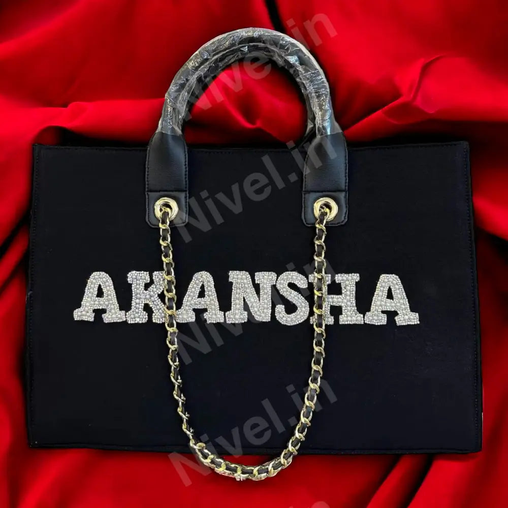 Nivel Premium Pearlet Canvas Customised Tote Bag For Women (Black)