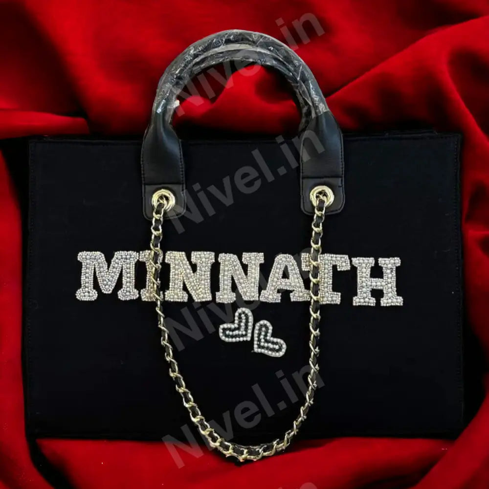 Nivel Premium Pearlet Canvas Customised Tote Bag For Women (Black)