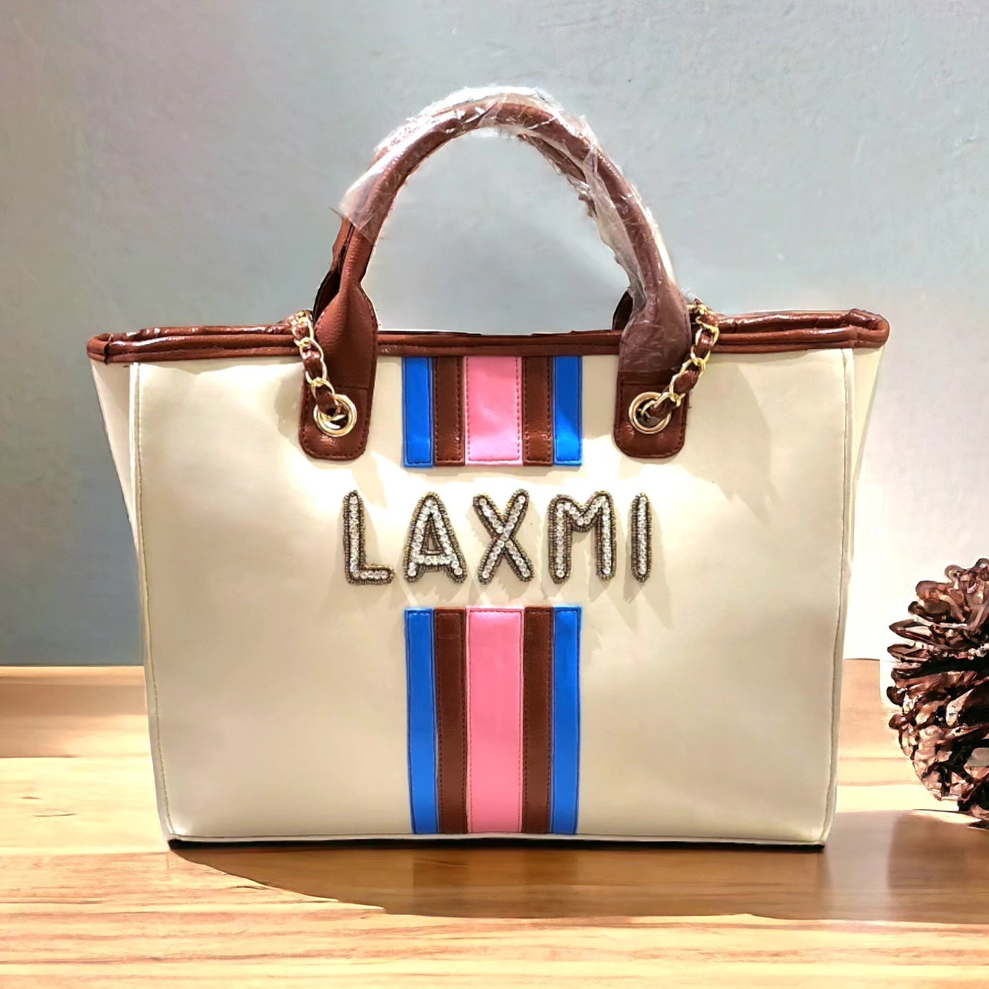 Nivel Off-White Customized Tote Bag with Pink and Blue Stripes ( Customized)
