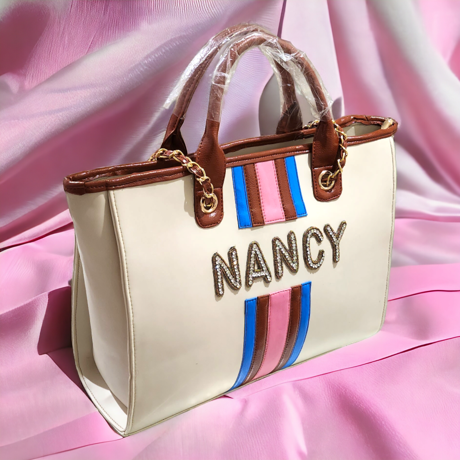 Nivel Off-White Customized Tote Bag with Pink and Blue Stripes ( Customized)