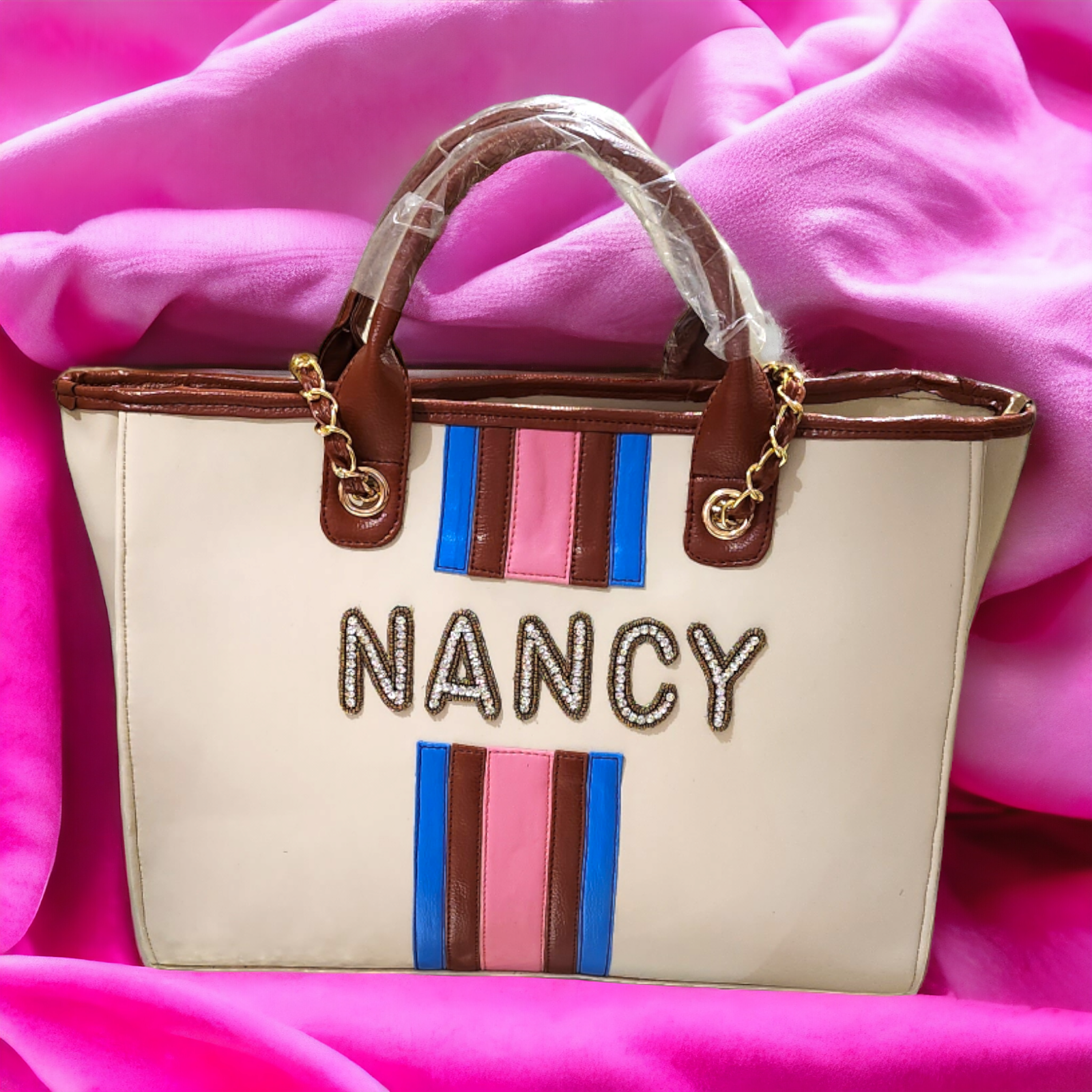 Nivel Off-White Customized Tote Bag with Pink and Blue Stripes ( Customized)