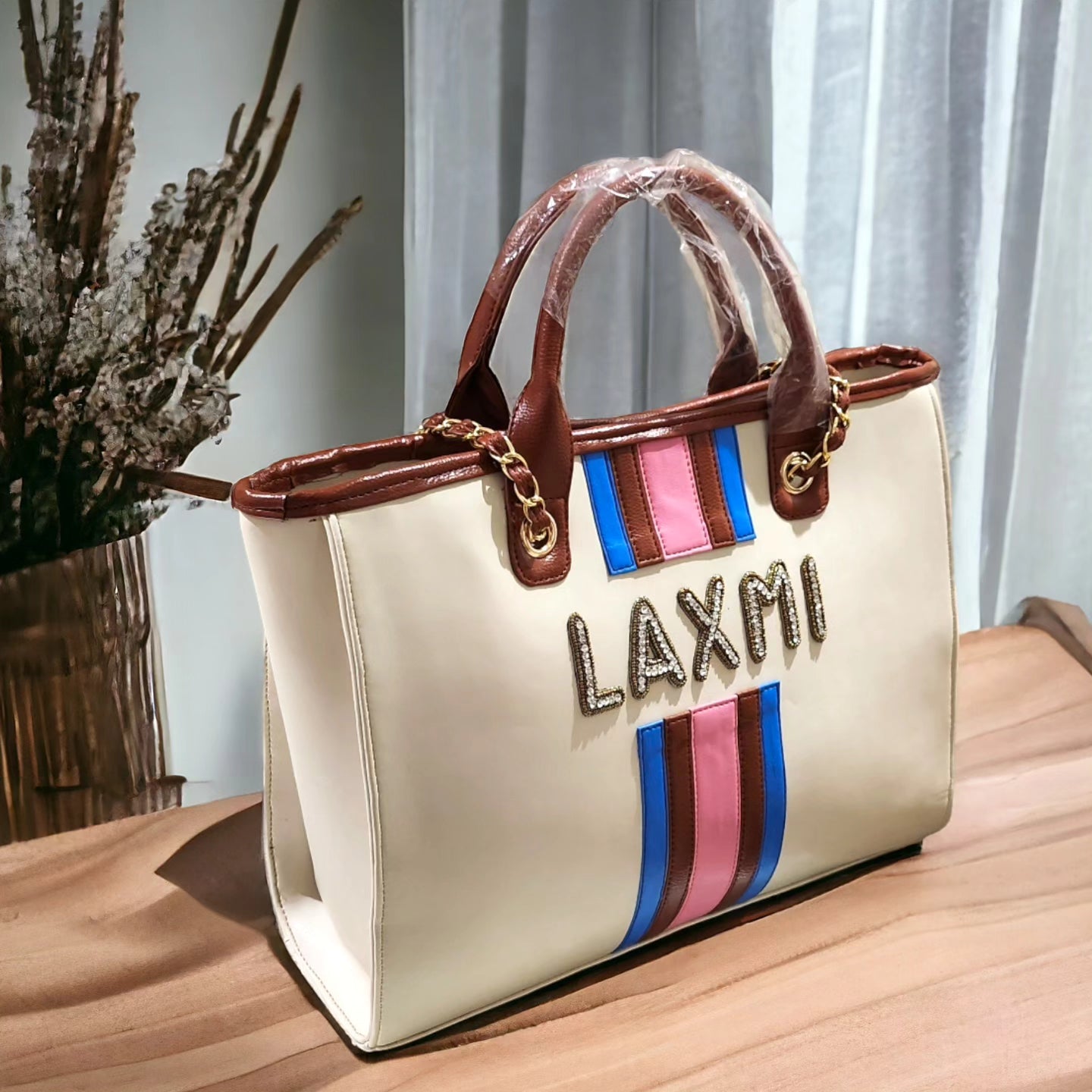 Nivel Off-White Customized Tote Bag with Pink and Blue Stripes ( Customized)